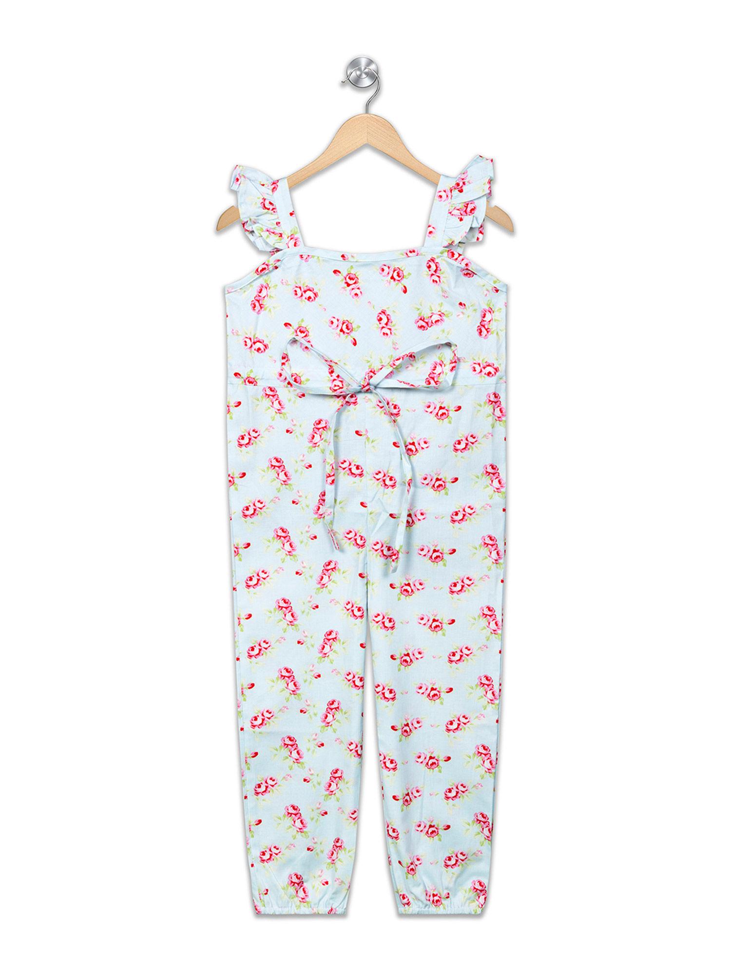 girls blue flower printed ruffle jumpsuit