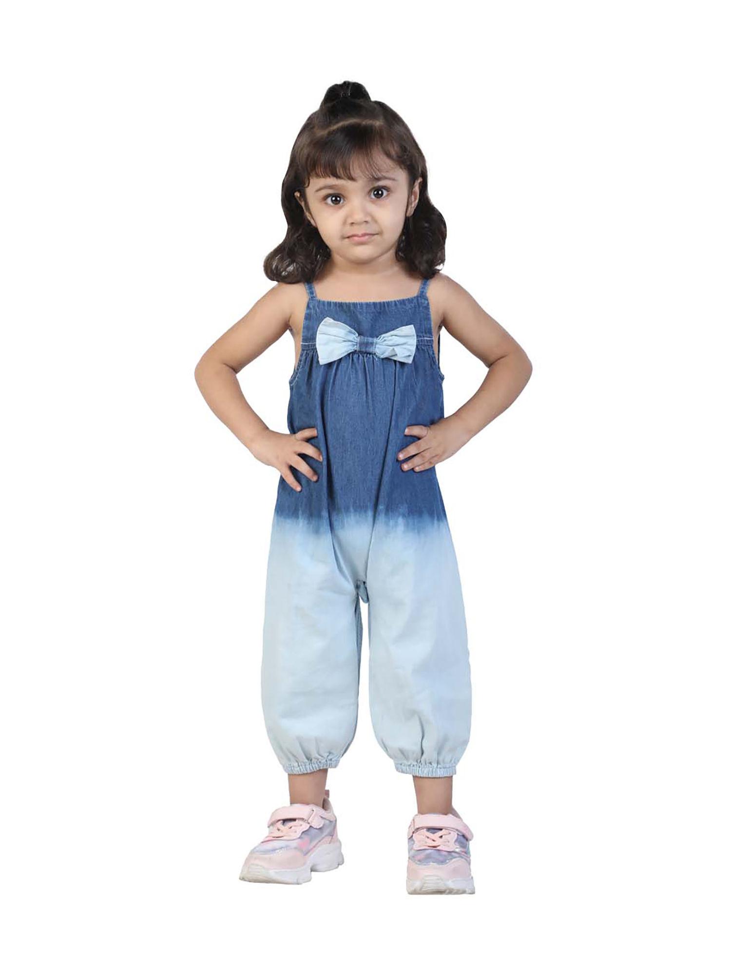 girls blue jumpsuit with ombre effect and attached bow