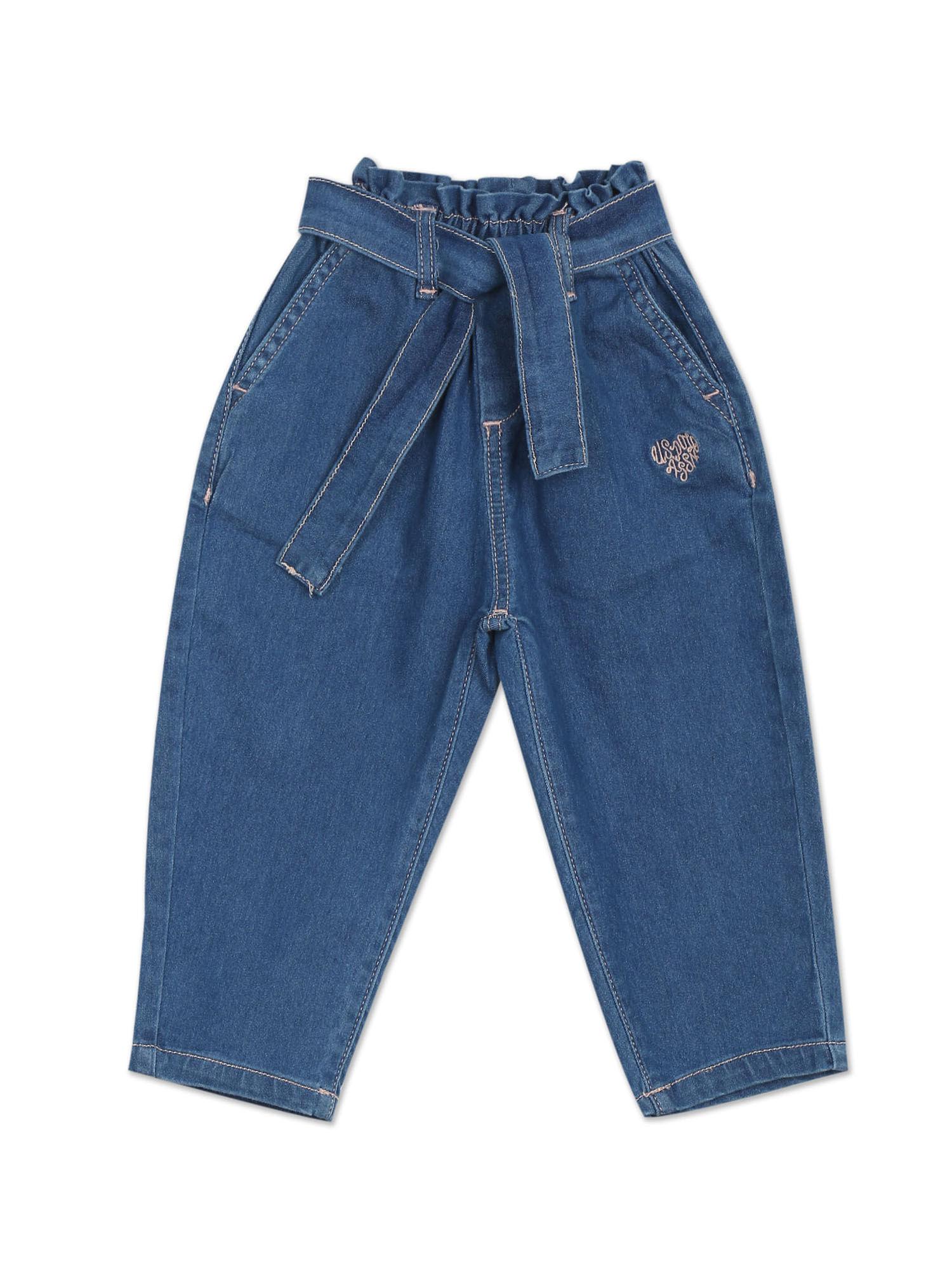 girls blue mid rise solid paperbag waist jeans - blue (set of 2)