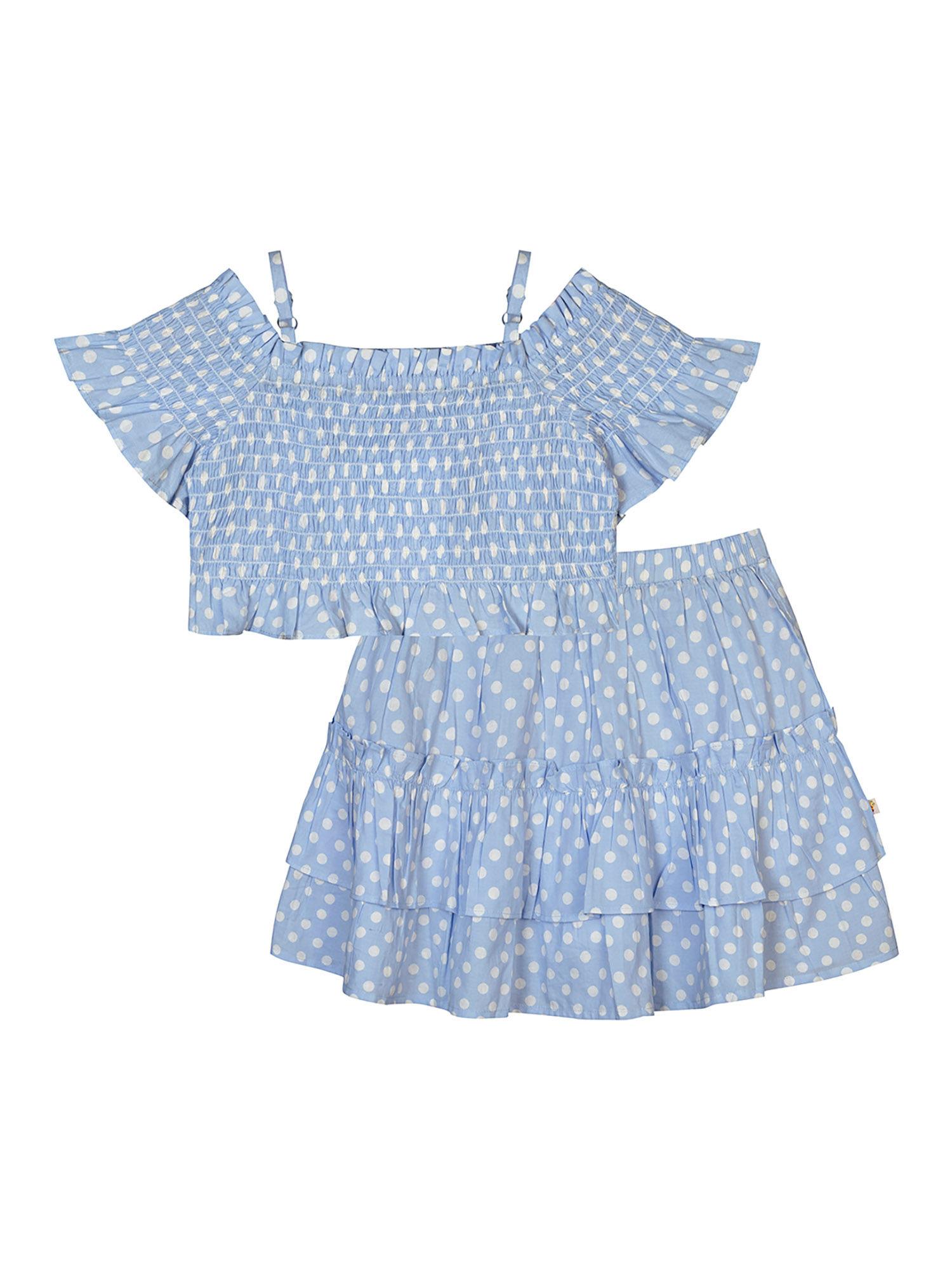 girls blue polka printed top-skirt (set of 2)
