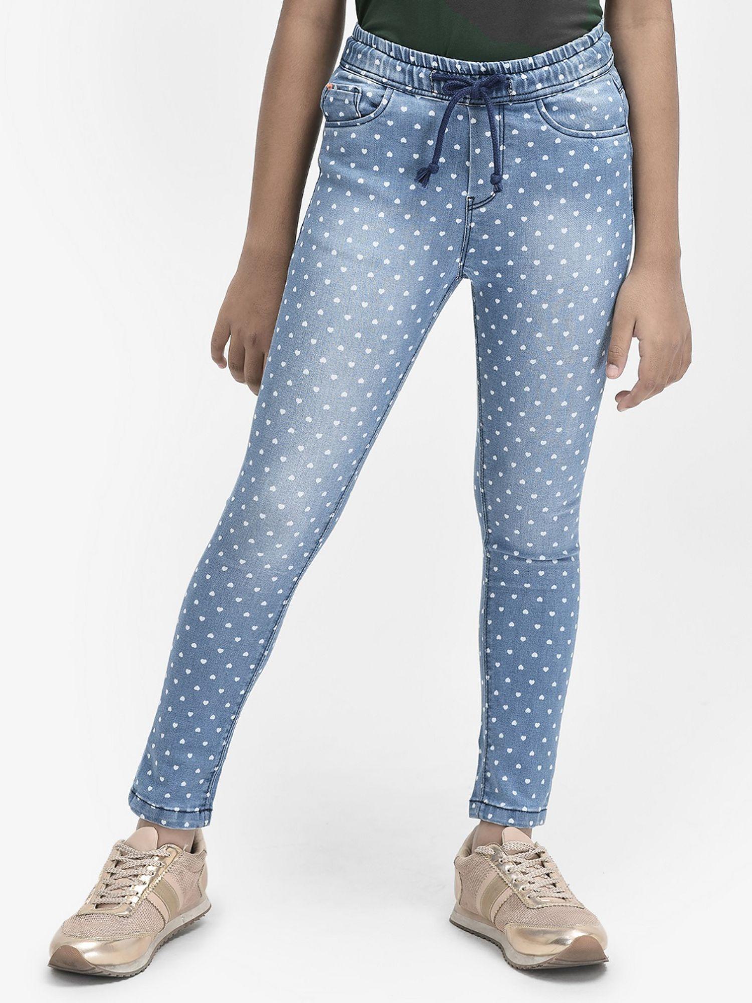 girls blue printed heavy faded jeans