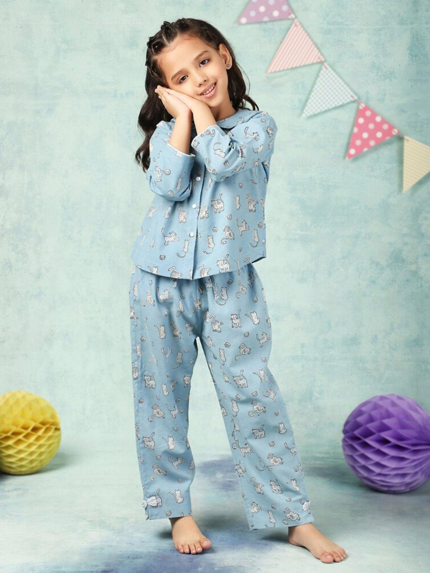 girls blue printed pyjama set