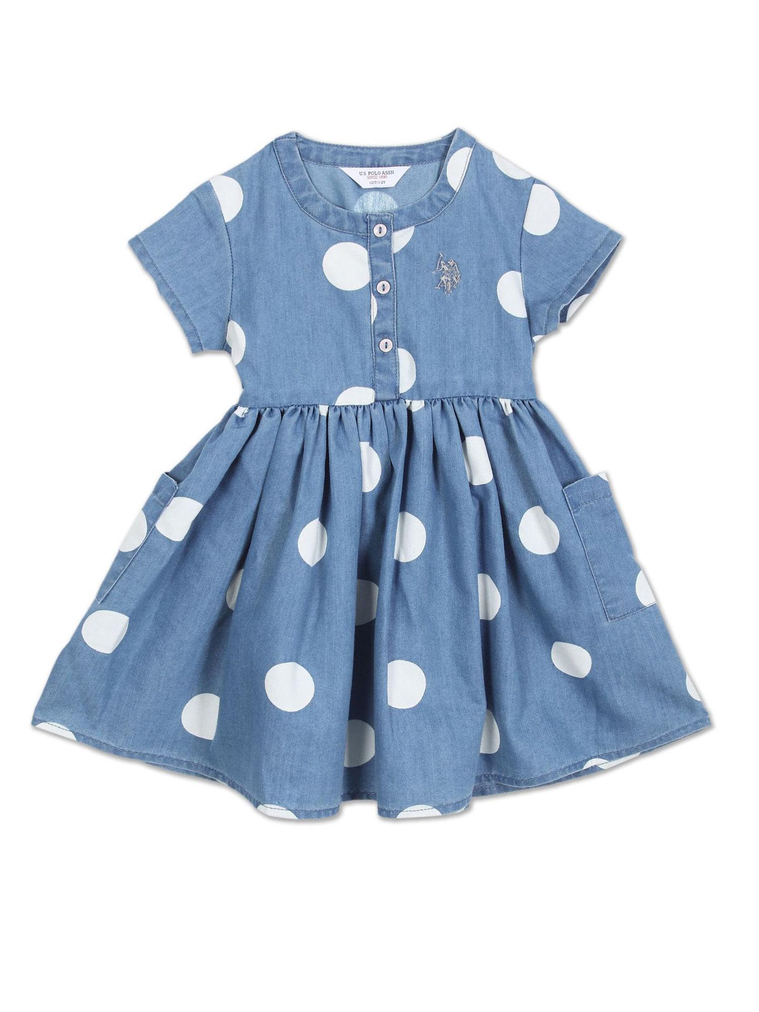 girls blue round neck polka dot fit and flare dress