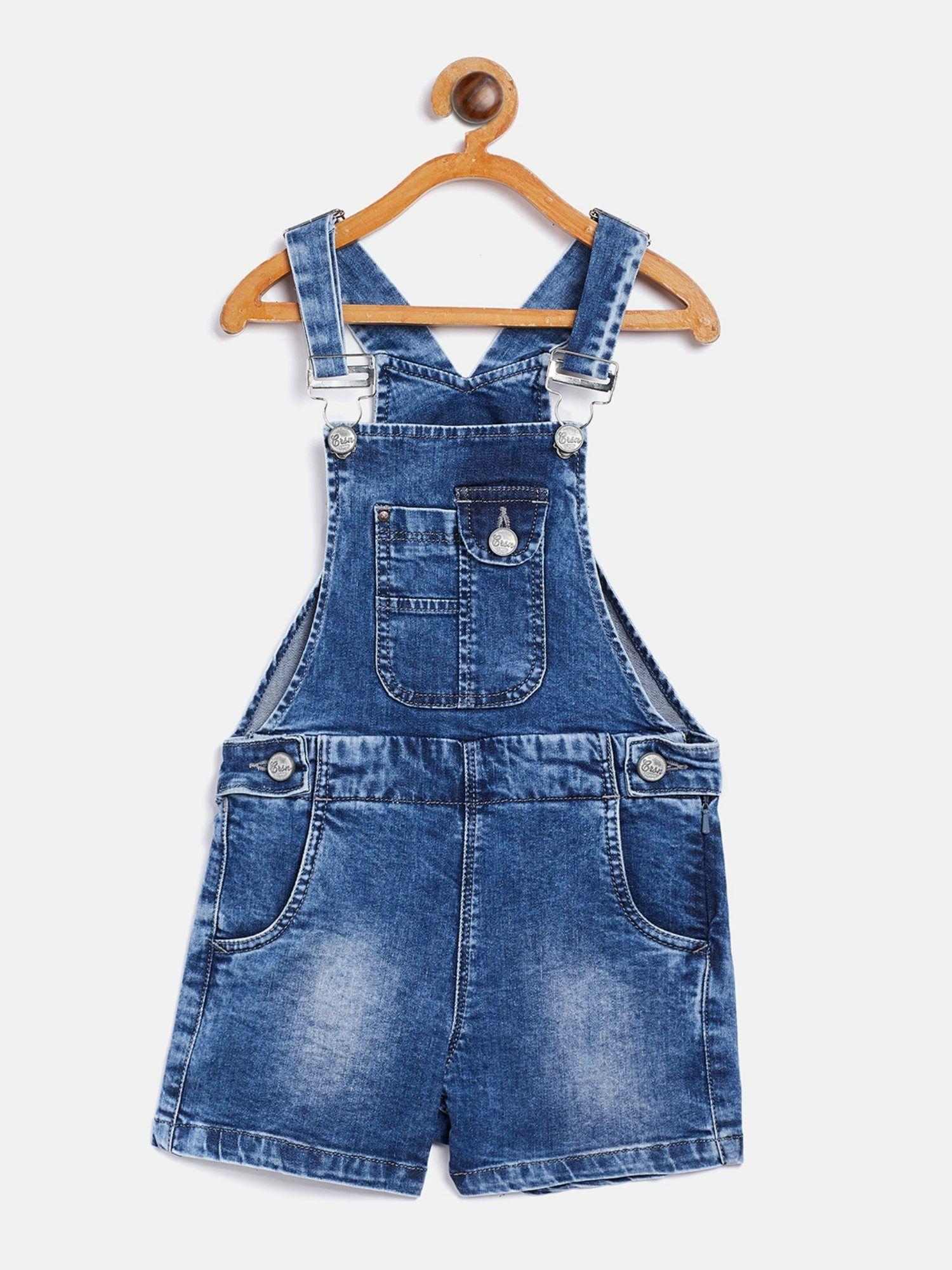 girls blue solid denim dungarees