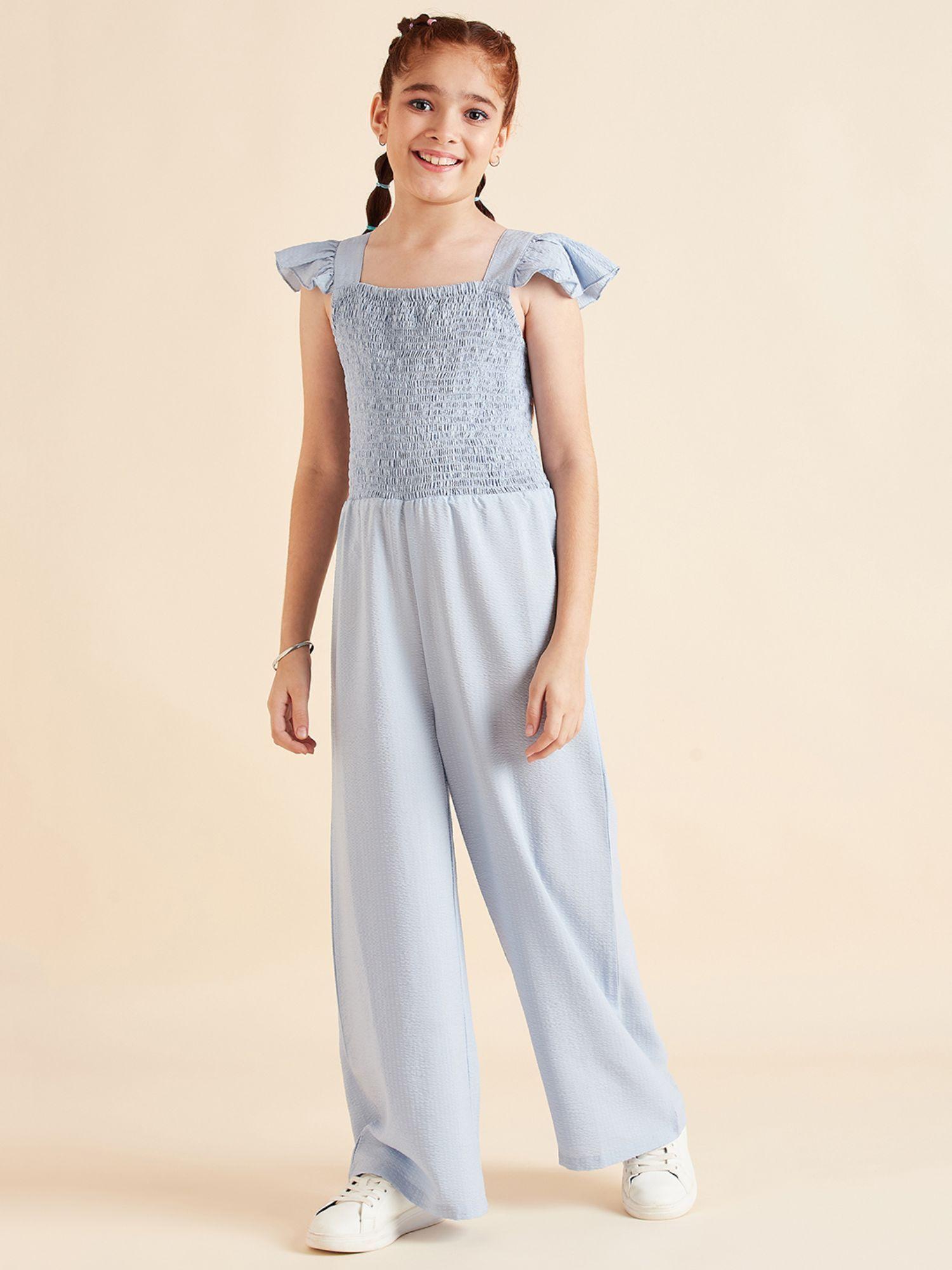 girls blue solid full length jumpsuit