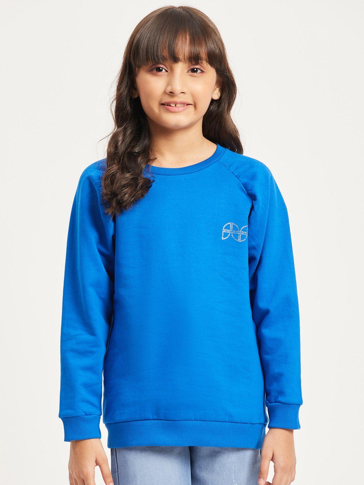 girls blue solid full sleeves round neck sweatshirt