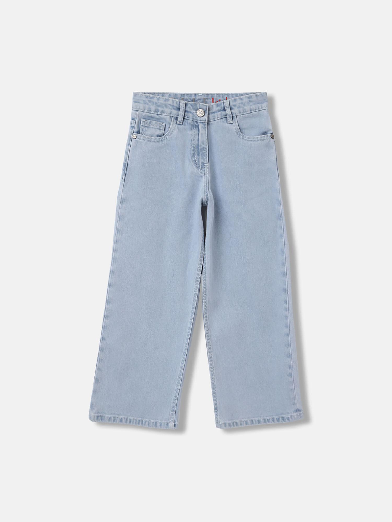 girls blue solid regular fit mid waist jeans