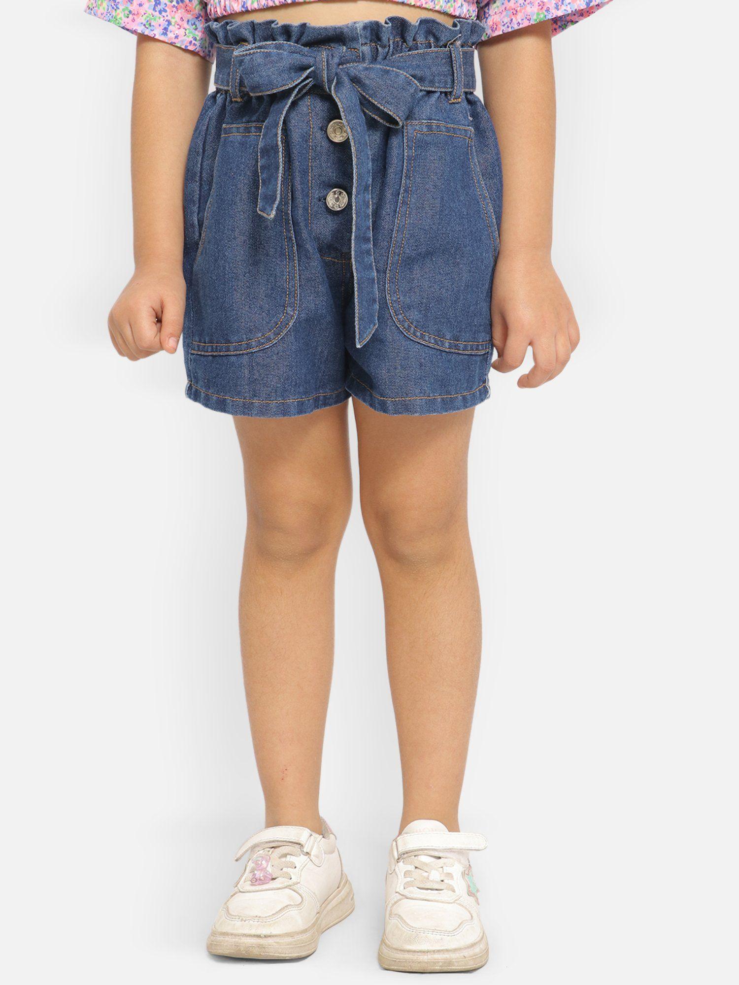 girls blue solid shorts (set of 2)