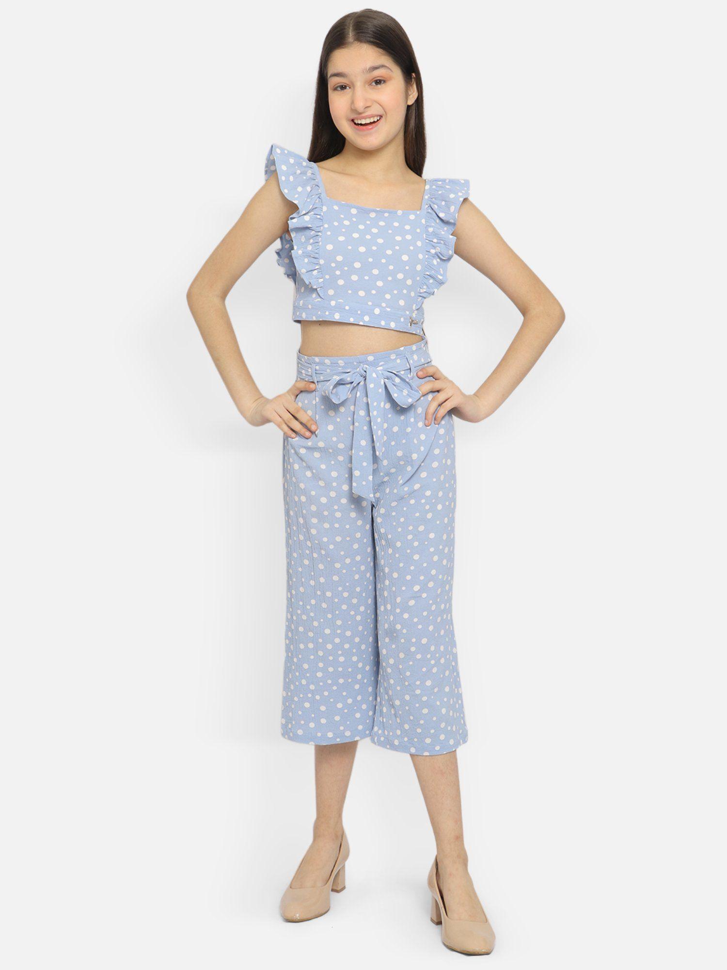 girls blue-white printed top with culottes (set of 2)