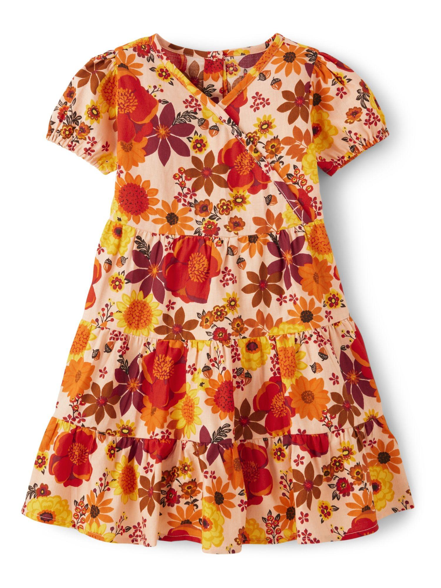 girls bright orange floral layered v-neck dresses (12-18 months)