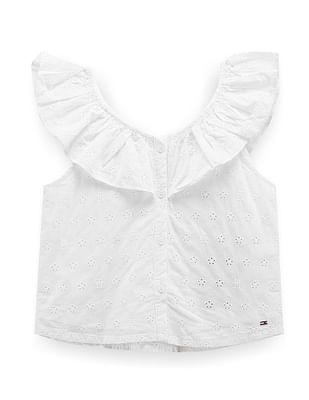 girls broderie anglaise frill top