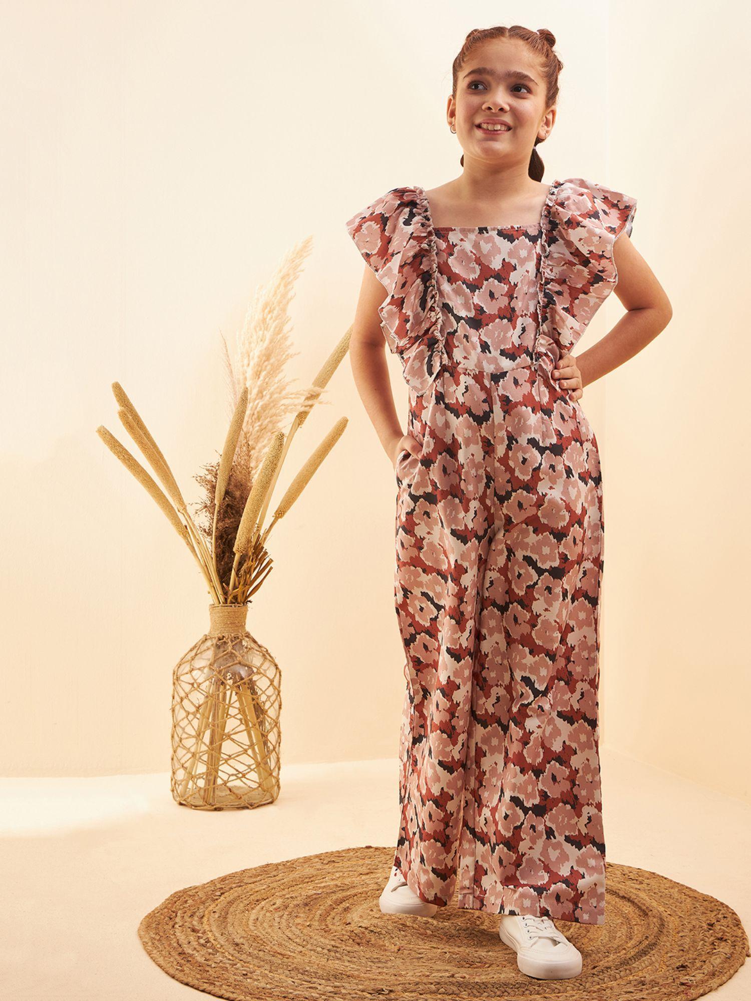 girls brown printed full length jumpsuit