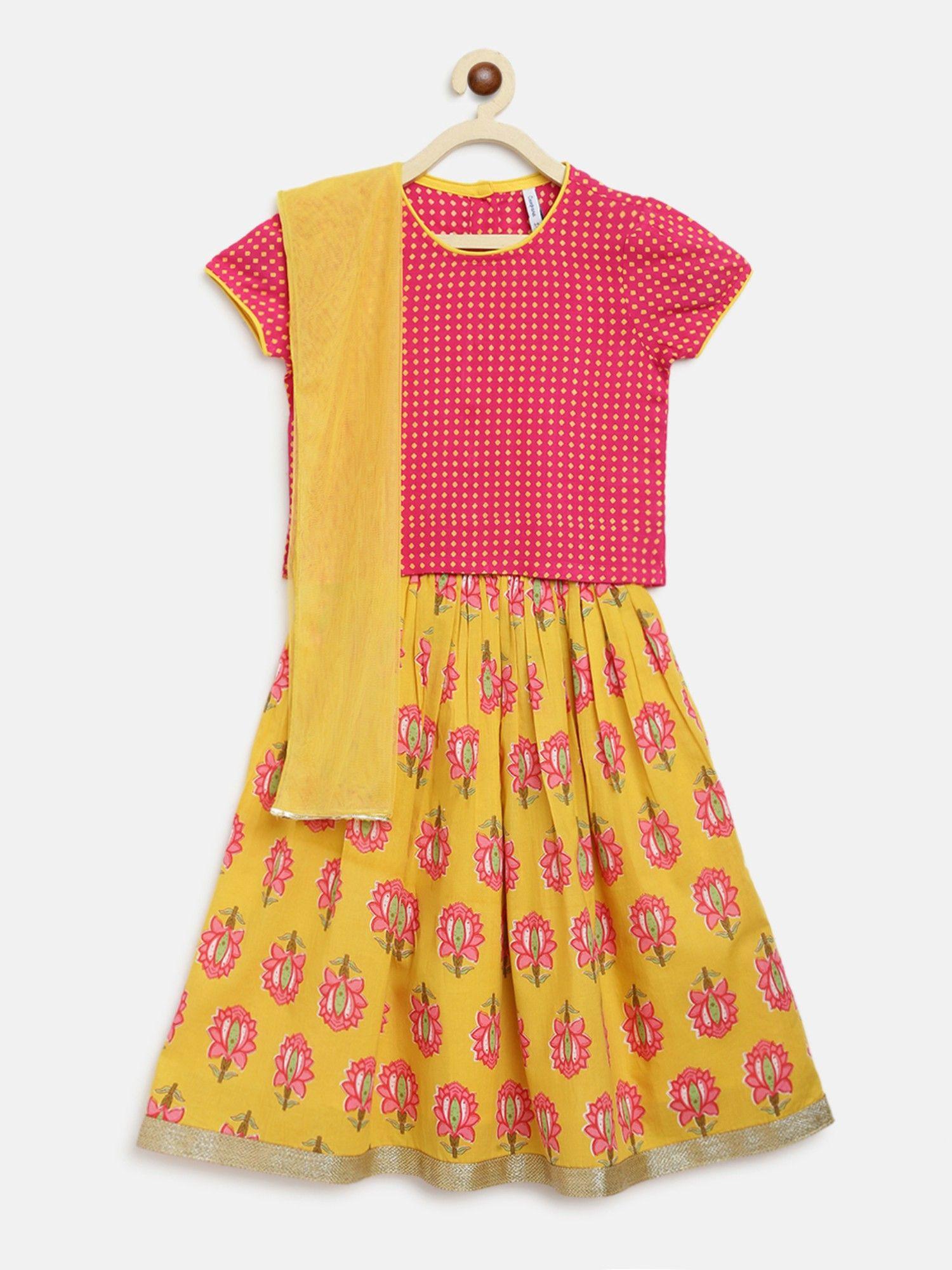 girls bulbul lehenga dot and lotus print magenta and yellow (set of 3)