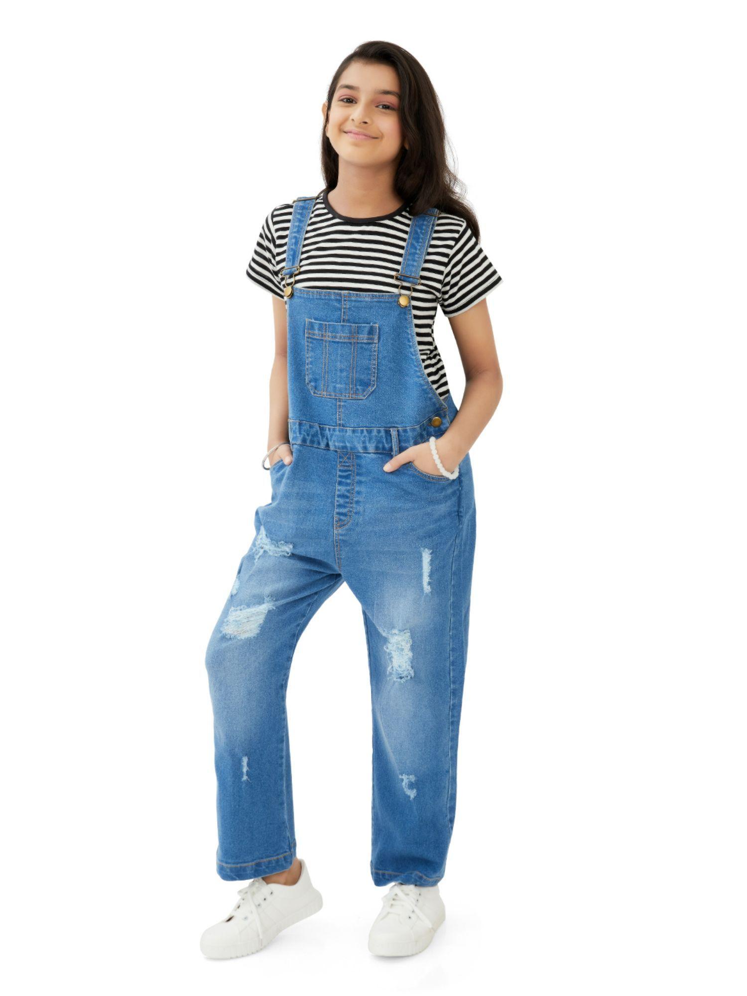 girls butter scotch distressed washed denim dungaree indigo blue