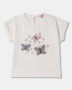 girls butterfly print round-neck top