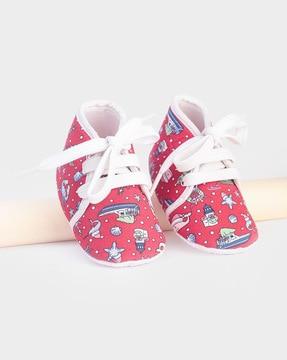 girls cartoon print booties with lace fastening