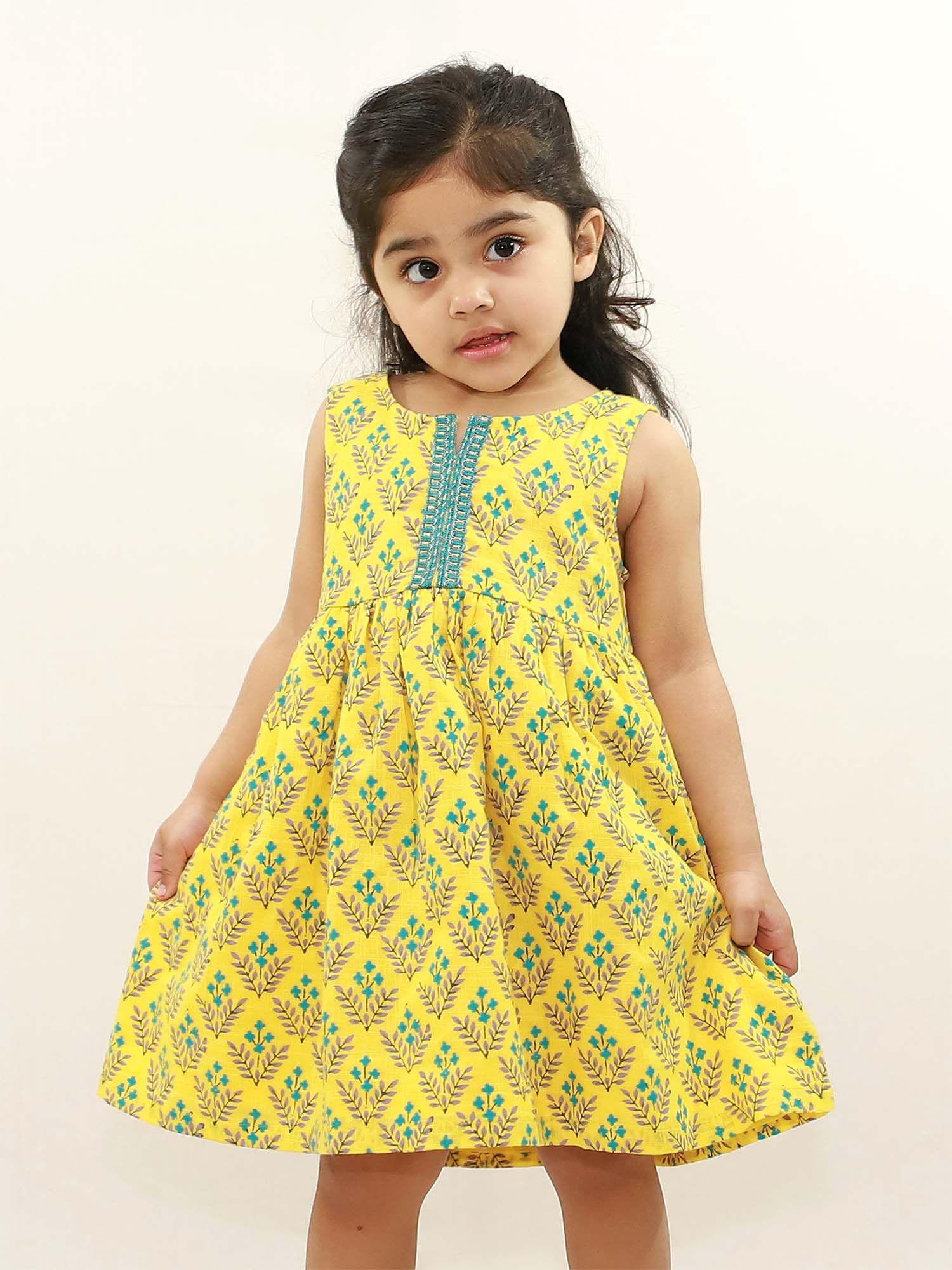 girls chandni lace embellished dress - flower bouquet print - yellow & blue