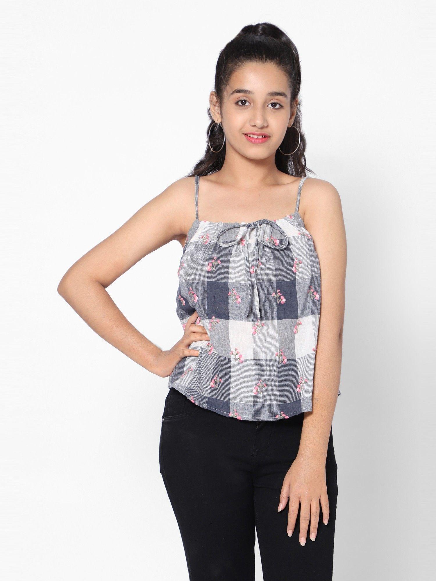 girls check with floral embroidery top grey