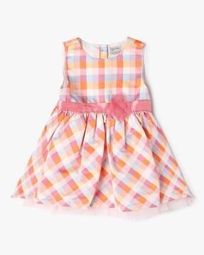 girls checked cotton fit & flare dress