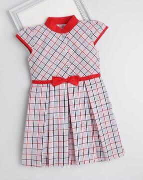 girls checked fit & flare dress with bow accent