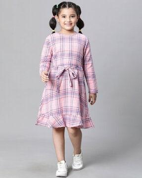 girls checked fit & flare dress with tie-up belt