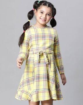 girls checked fit & flare dress with tie-up belt