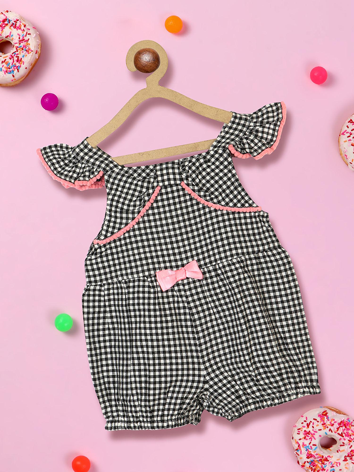 girls checked flutter sleeves bow detail pure cotton playsuit