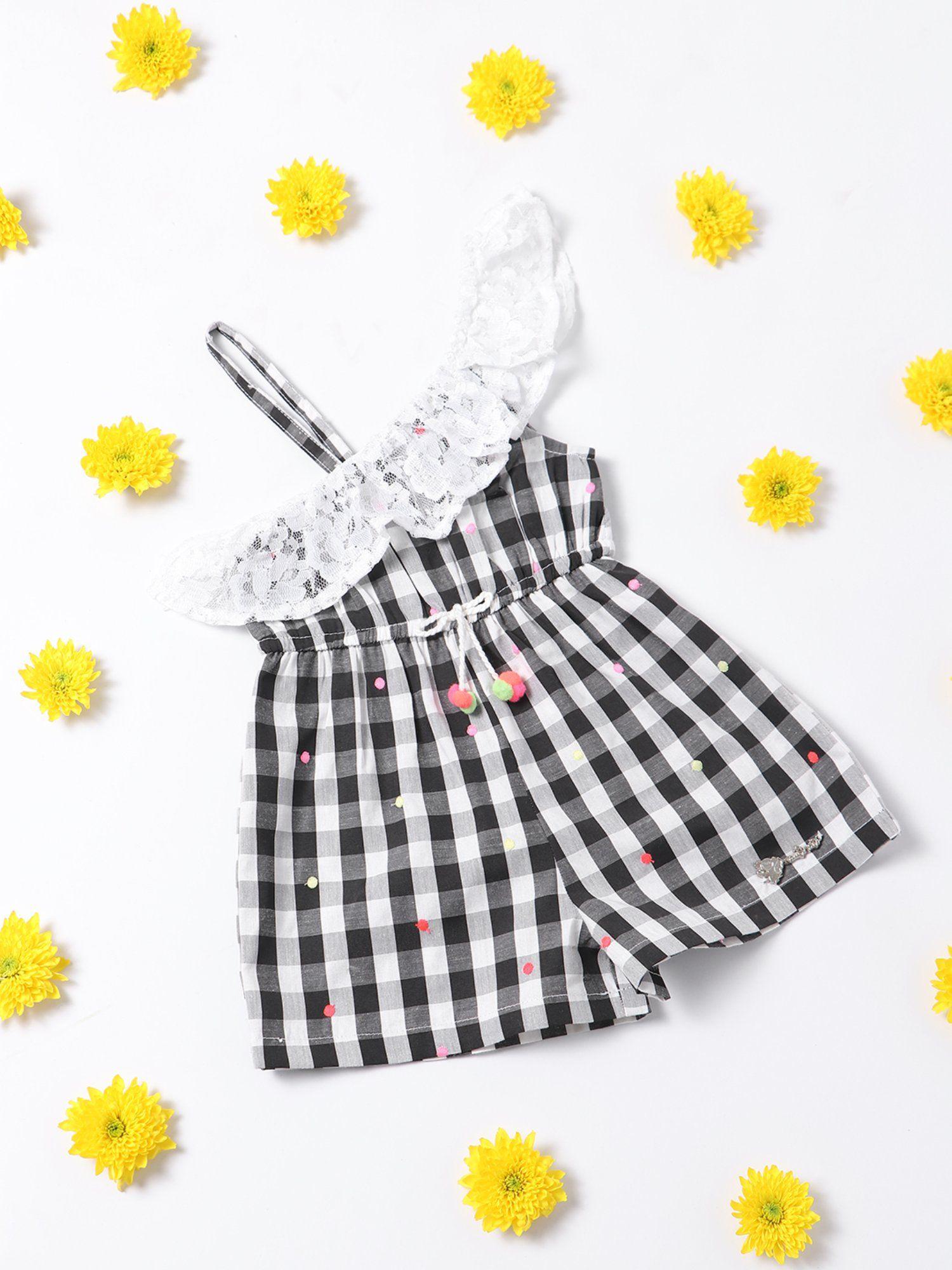 girls checked one shoulder with ruffles pure cotton jumpsuit