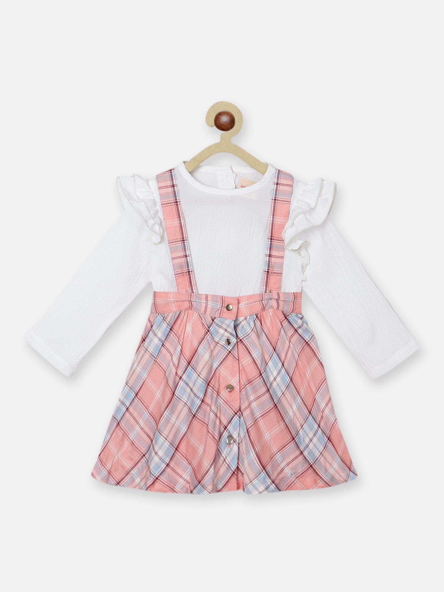 girls checked pinafore with solid top (set of 2)