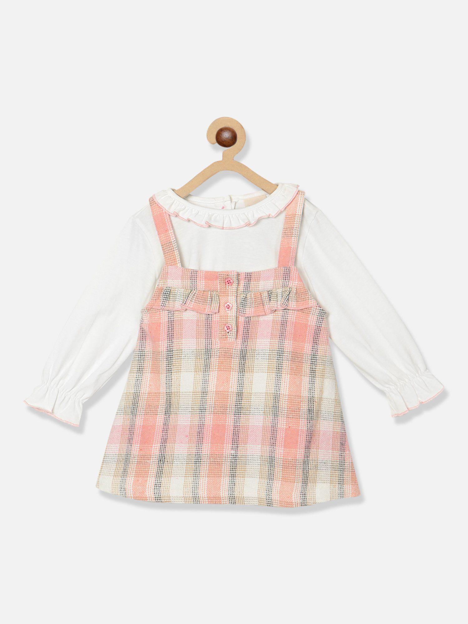 girls checked pure cotton pinafore with solid top (set of 2)