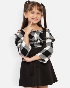 girls checked regular fit top with pinafore dress