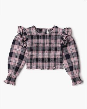 girls checked relaxed fit smocked top