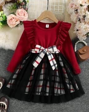 girls checked round-neck fit & flare dress