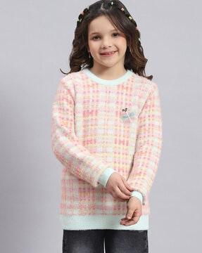 girls checked round-neck pullover