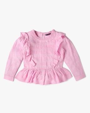 girls checked round-neck top with frill