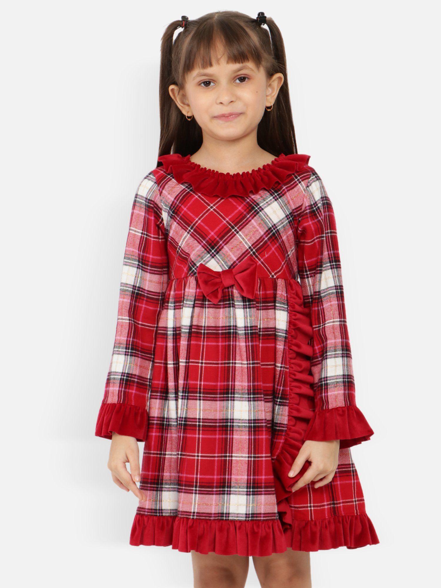 girls checked ruffled pure cotton a-line dress