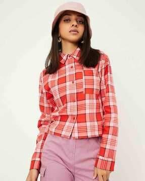 girls checked top with patch pocket