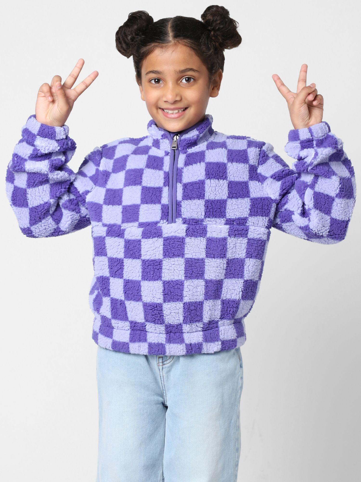 girls checkered casualwear purple sweatshirt