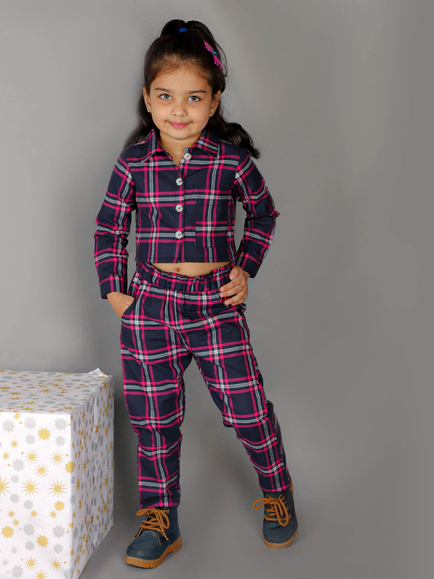 girls checks co-ordinate jacket with pant navy blue (set of 2)