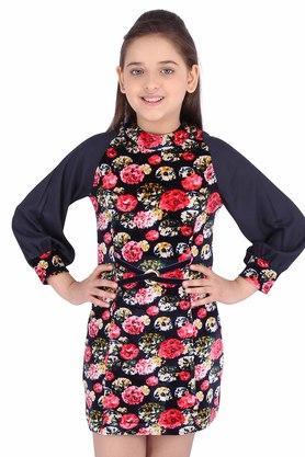 girls chenille & georgette floral printed navy dress - navy