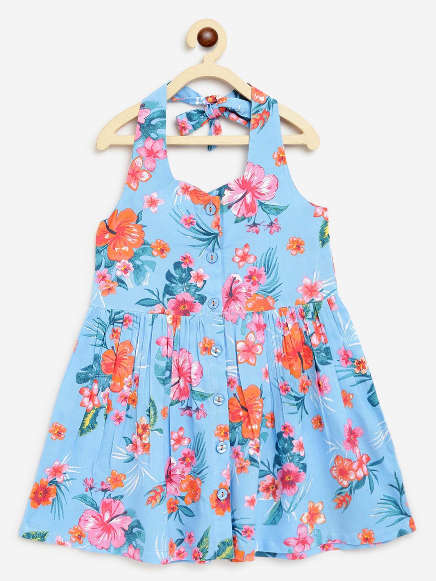 girls cheryl halter neck dress - tropical delight print - blue & pink