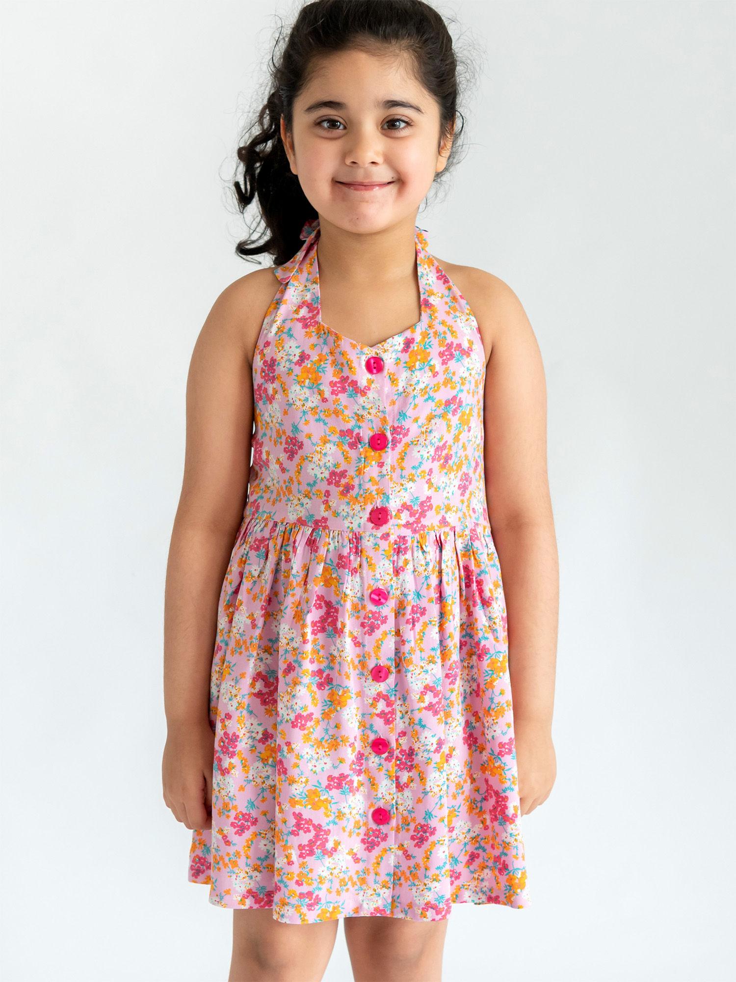 girls cheryl halter neck dress flower cluster print pink