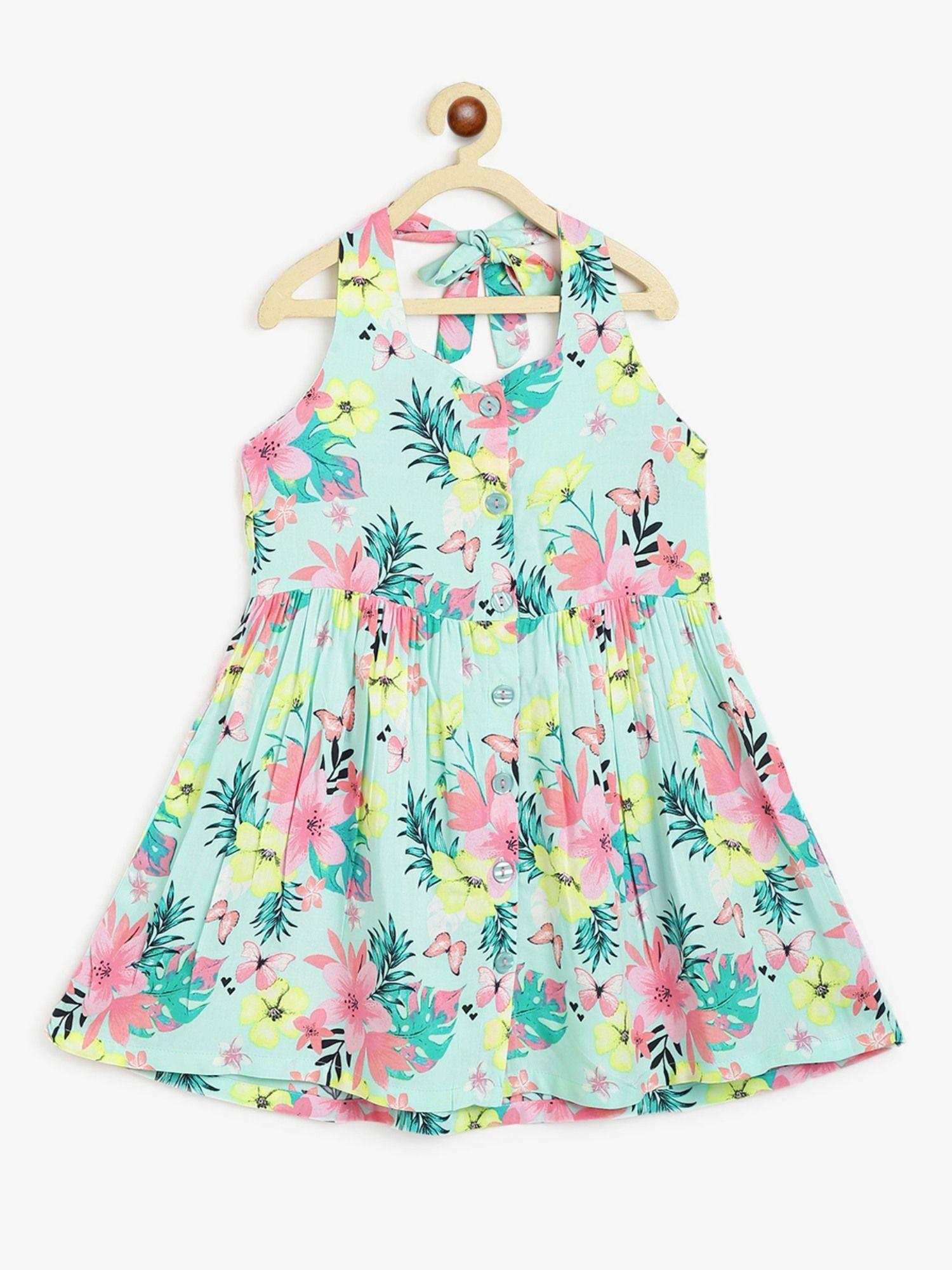 girls cheryl halter neck dress happy hibiscus print sea green & pink