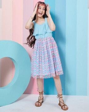 girls chevron print round-neck fit & flare dress