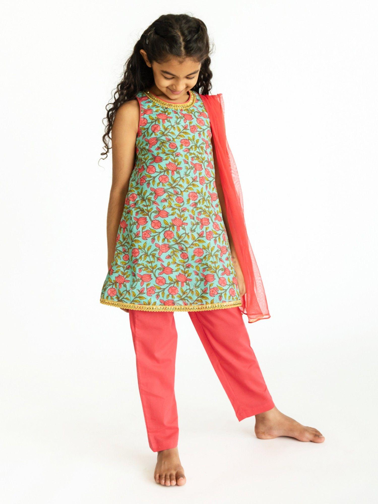 girls chitra kurta-pants - floral jaal print - blue & pink (set of 3)