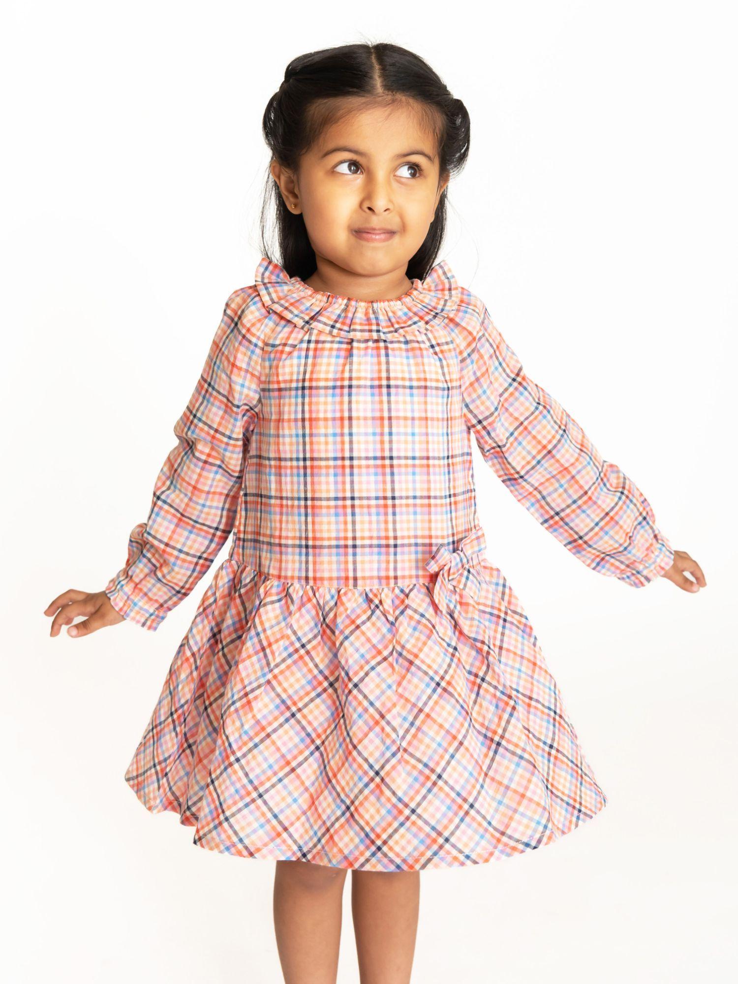 girls chloe full sleeve dress checks orange and multi-color