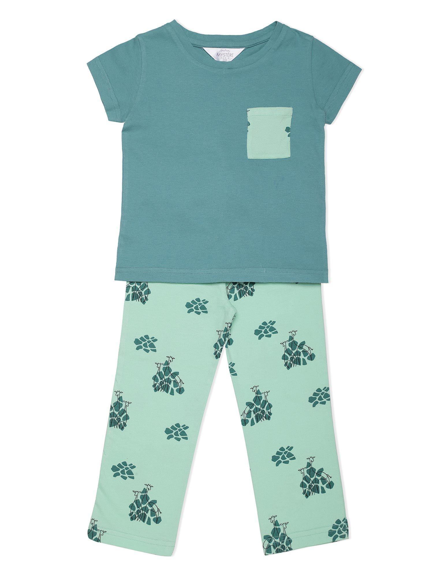 girls comfy green giraffe pyjama set (set of 2)