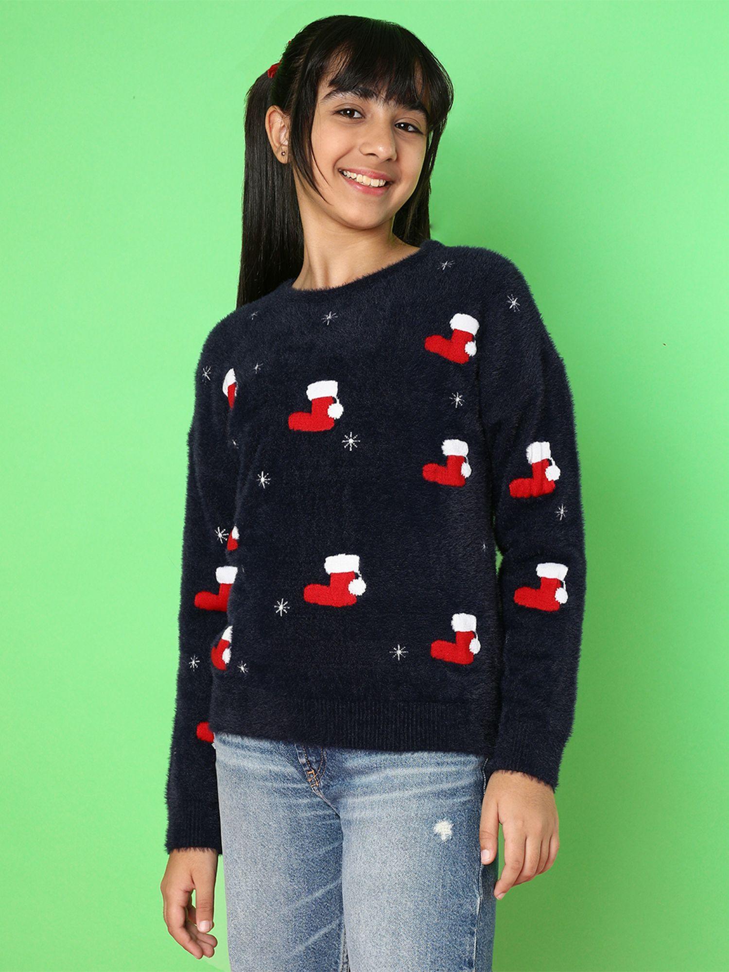 girls conversational self design pullover sweaters