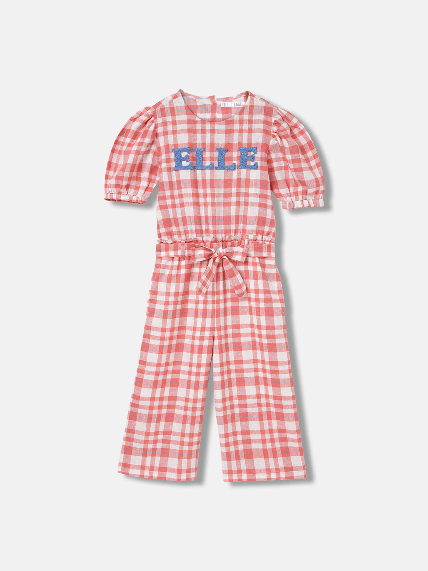 girls coral checks regular fit puff sleeves jumpsuit with belt (set of 2)