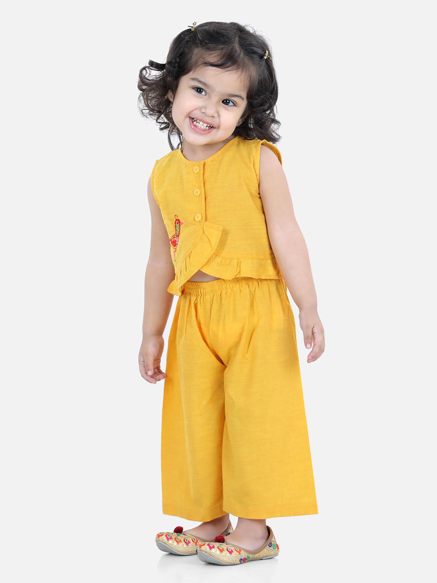 girls cotton bird top palazzo indo western clothing yellow (set of 2)